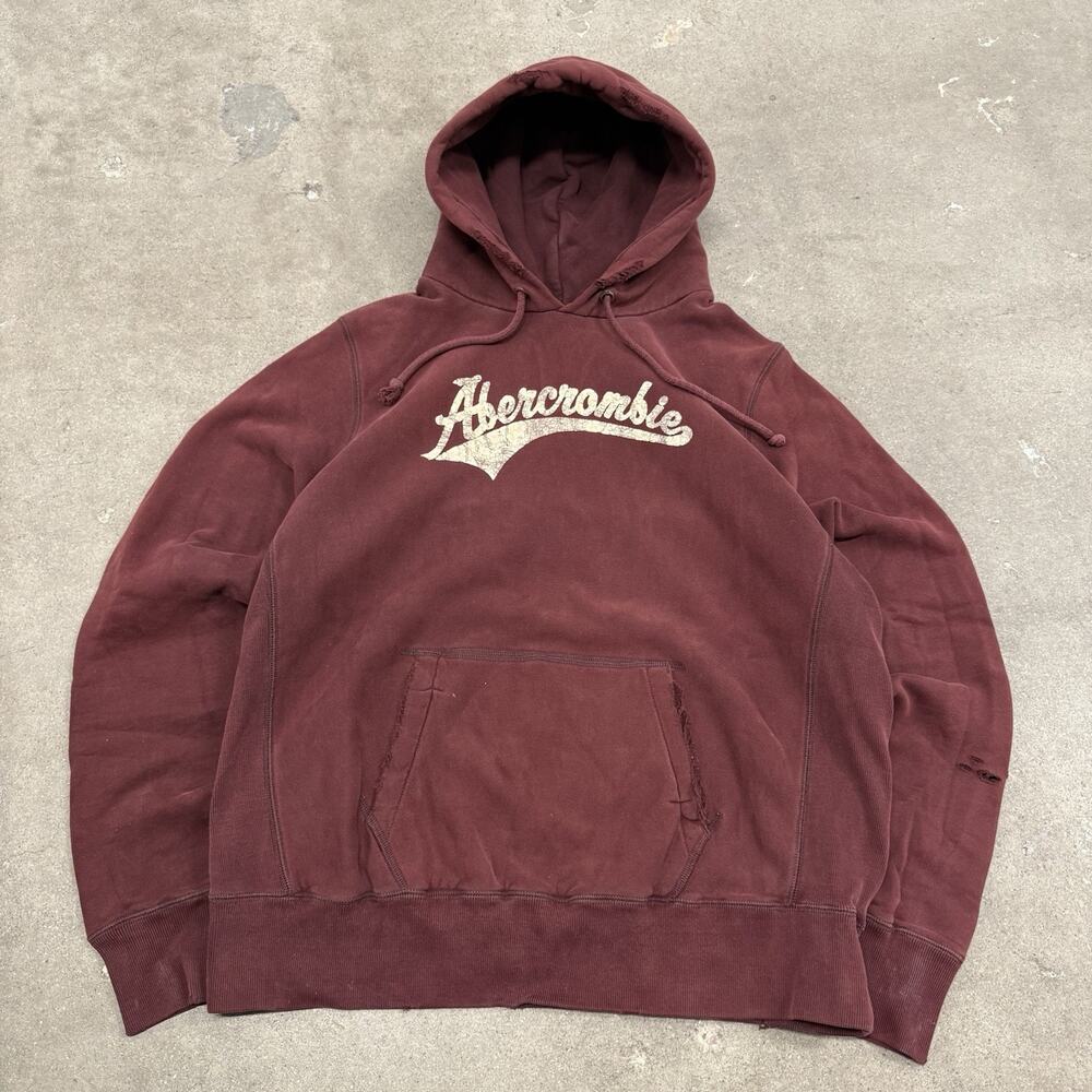 VINTAGE 00s ABERCROMBIE & FITCH HEAVY RED GRUNGE DISTRESSED SPELLOUT HOODIE XXL